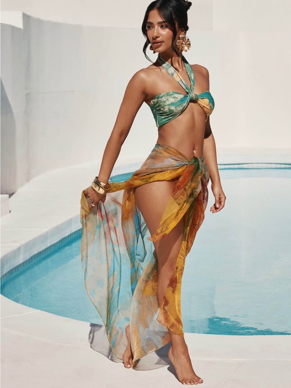 Fashion Nova Green & Yellow Tie-Dye Bikini Set with Sheer Sarong